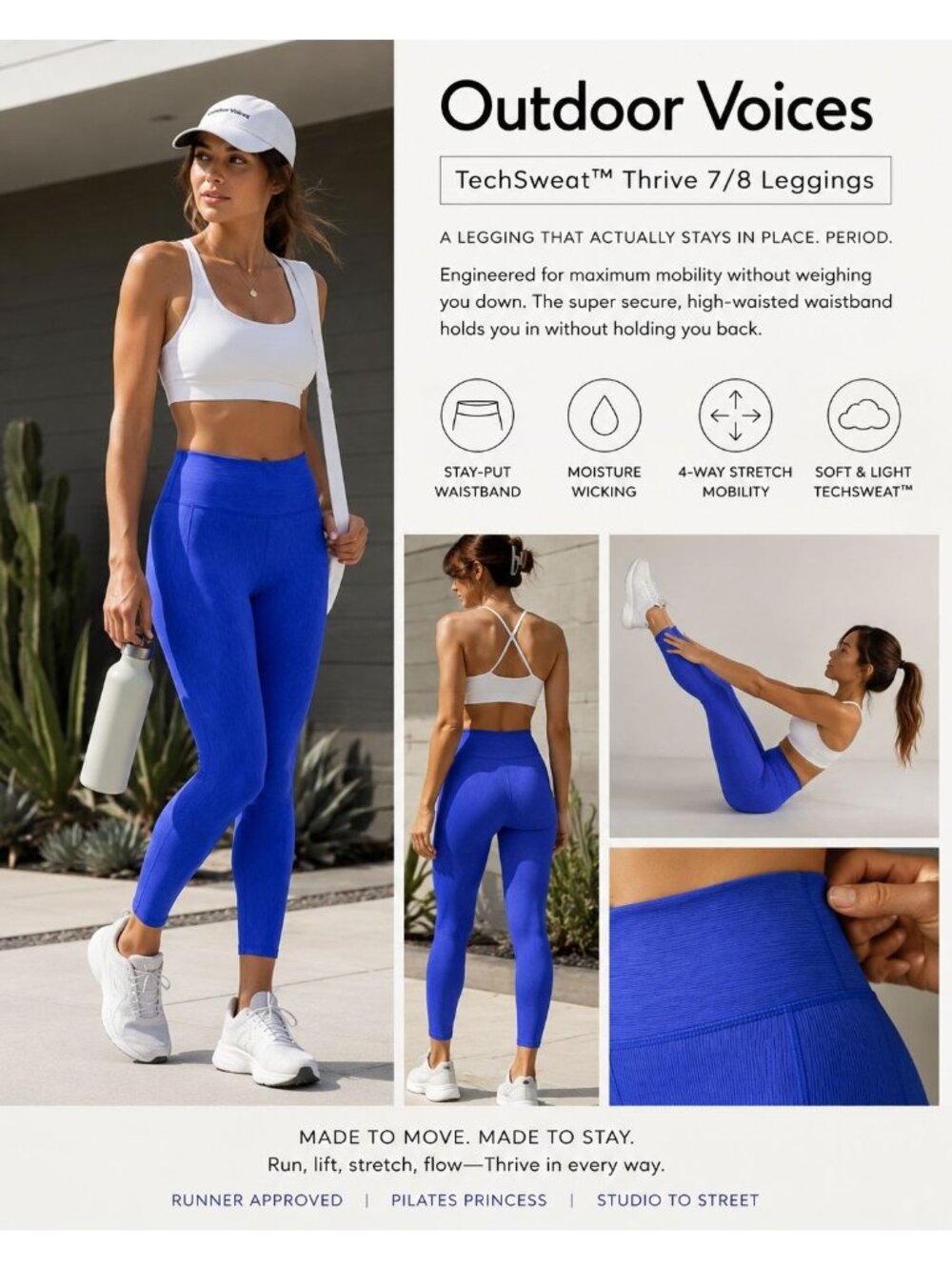 Pilates Princess Outdoor Voices TechSweat Thrive 7/8 Leggings XS Cobalt Blue